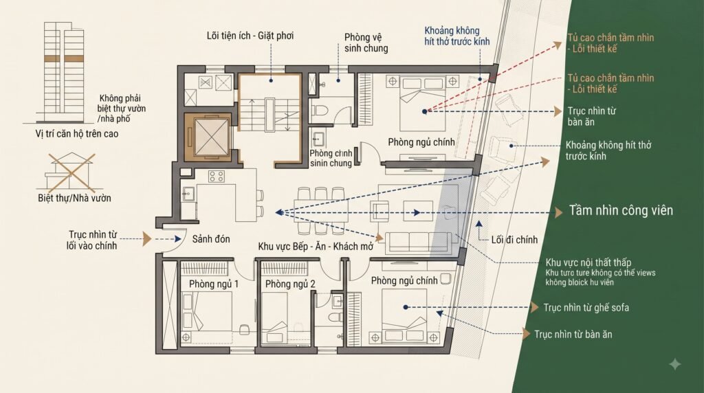 Sơ đồ căn hộ chung cư Le Parc Place ParkCity với vùng view công viên, trục nhìn và khoảng thở trước cửa kính