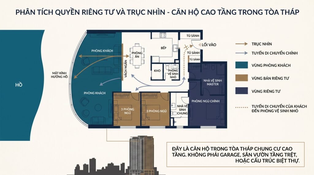 Sơ đồ concept trục cửa vào, khu khách và vùng ngủ riêng tư trong căn hộ chung cư Celestine Westlake