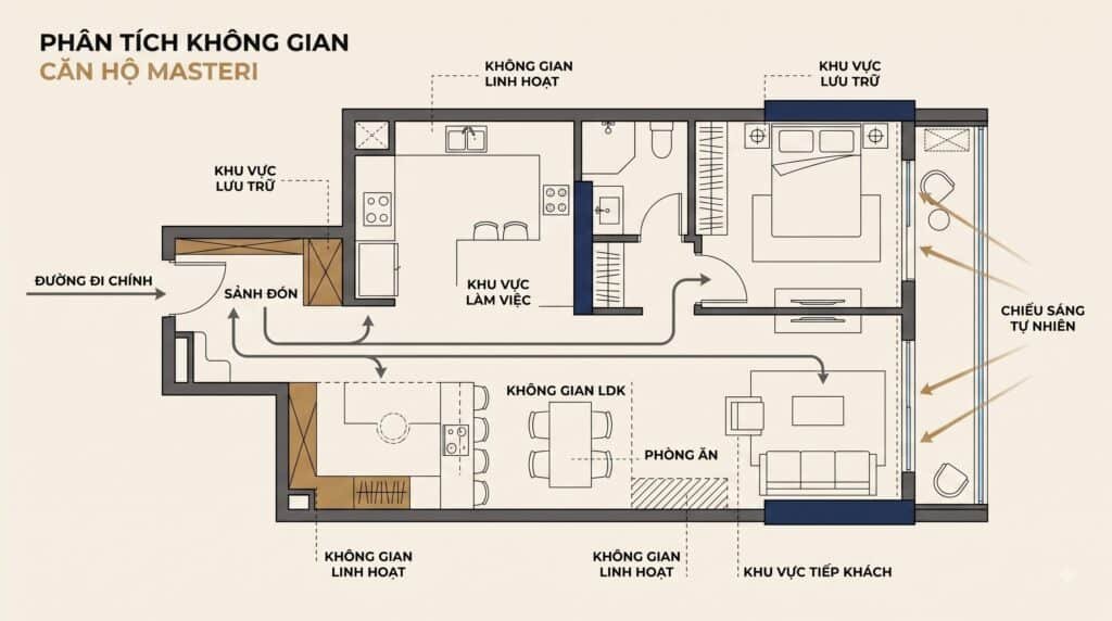 Sơ đồ concept căn hộ Masteri Waterfront với luồng đi, lưu trữ, ánh sáng và các vùng cần kiểm soát