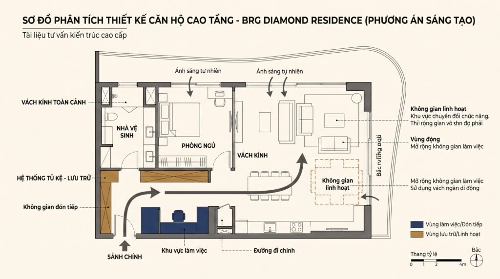 Sơ đồ concept căn hộ BRG Diamond Residence với luồng đi, lưu trữ, ánh sáng và các vùng cần kiểm soát