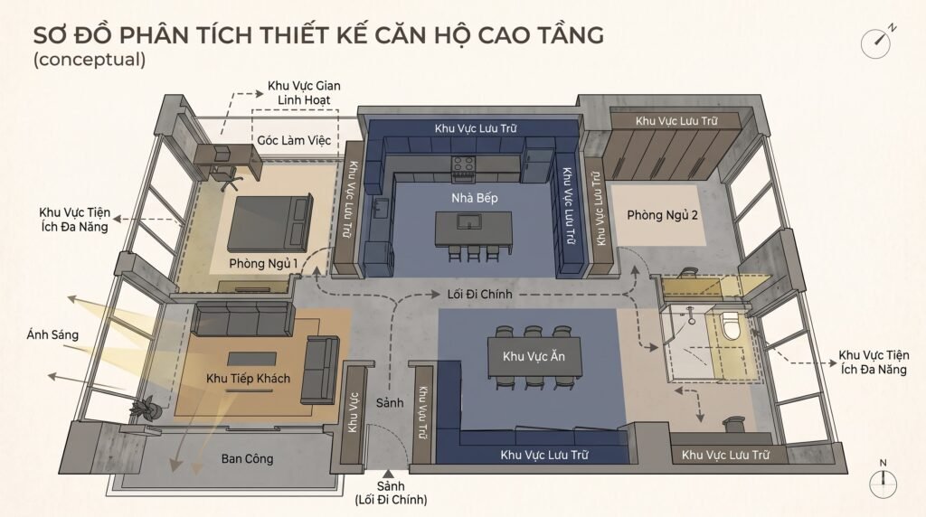 Sơ đồ concept căn hộ The Nelson Private Residences với luồng đi, lưu trữ, ánh sáng và các vùng cần kiểm soát