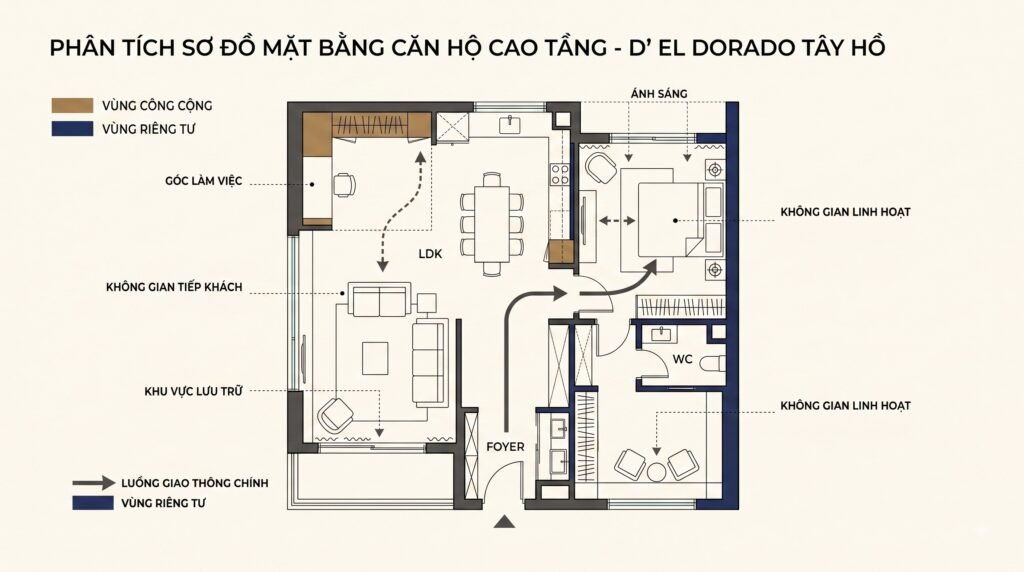 Sơ đồ concept căn hộ D’. El Dorado Tây Hồ với luồng đi, lưu trữ, ánh sáng và các vùng cần kiểm soát