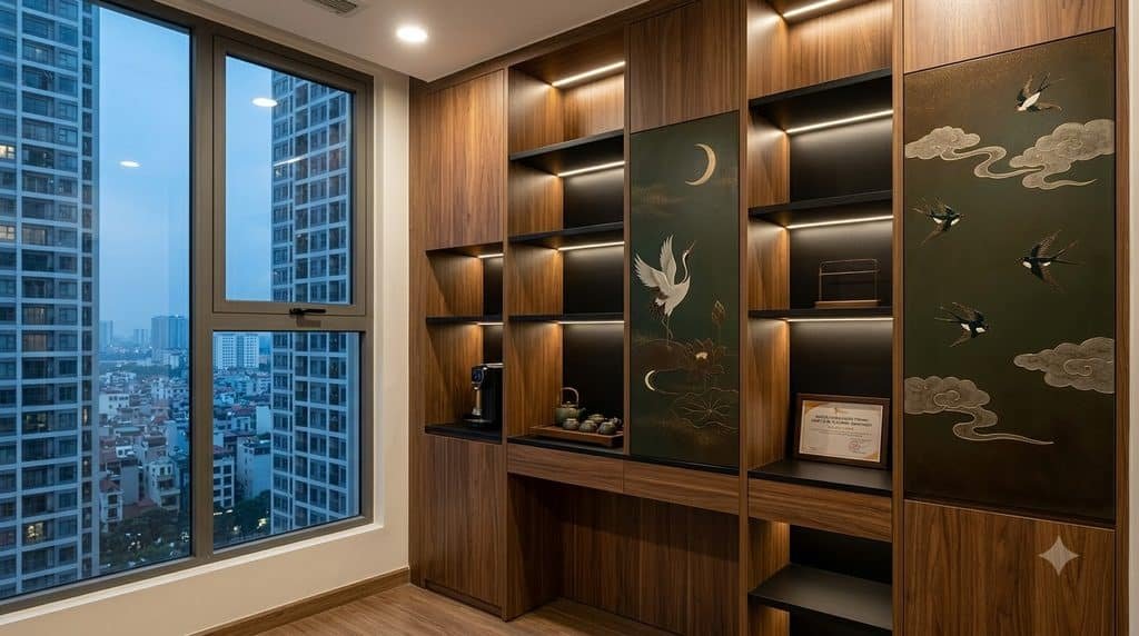 Hệ tủ sơn mài tích hợp lưu trữ trong căn hộ Masteri Waterfront với họa tiết hoa sen, mặt trăng và chim hạc hoặc chim én