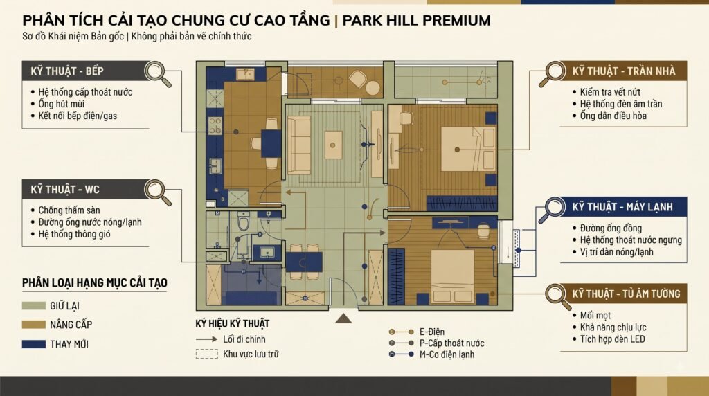 Sơ đồ concept căn hộ Park Hill Premium với luồng đi, lưu trữ, ánh sáng và các vùng cần kiểm soát