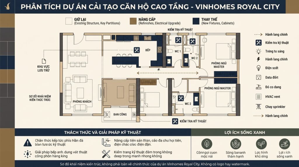 Sơ đồ concept căn hộ Vinhomes Royal City với luồng đi, lưu trữ, ánh sáng và các vùng cần kiểm soát