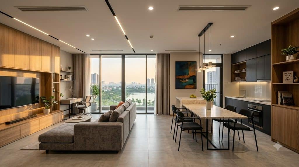 Concept phòng khách căn hộ chung cư The Matrix One Premium với view công viên, khách – ăn liên tục và lưu trữ tích hợp