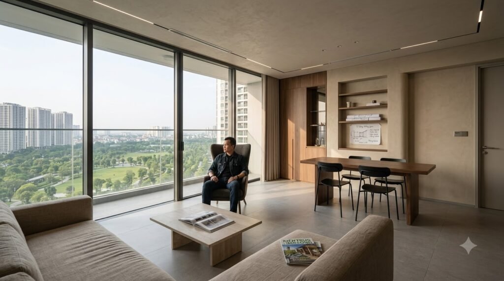 Concept phòng khách căn hộ chung cư Le Parc Place ParkCity với kính lớn, view công viên và vật liệu đá gỗ tiết chế