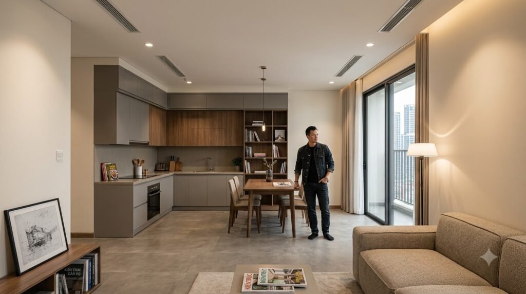 Concept nội thất căn hộ chung cư Masteri Waterfront với bố cục gọn, ánh sáng nhiều lớp và lưu trữ có chủ đích