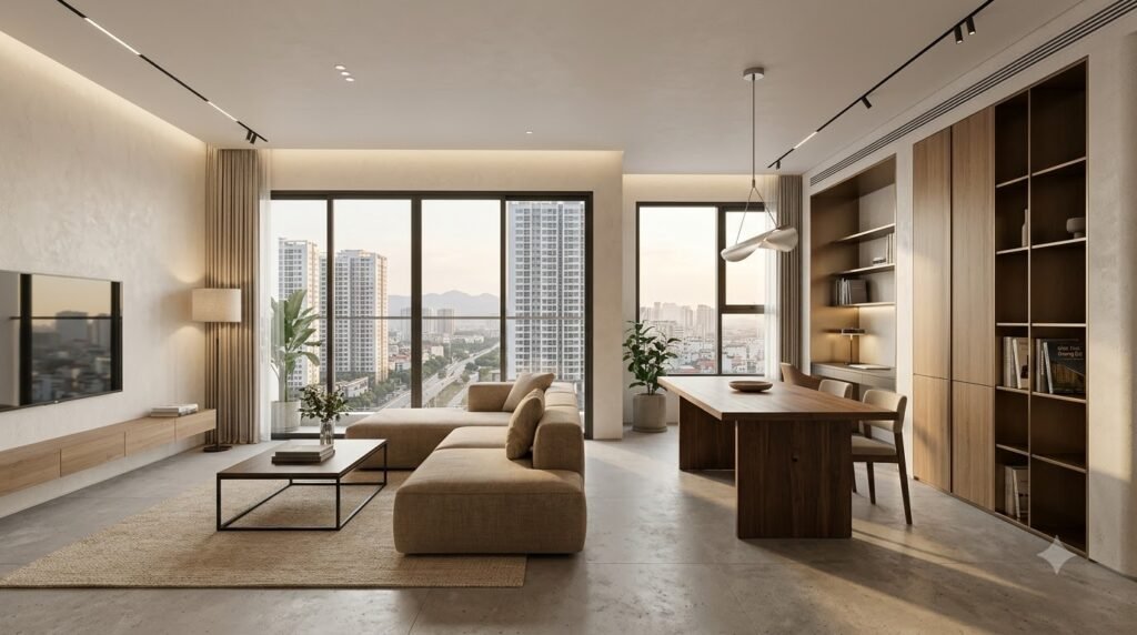 Concept nội thất căn hộ chung cư The Nine Phạm Văn Đồng với bố cục gọn, ánh sáng nhiều lớp và lưu trữ có chủ đích