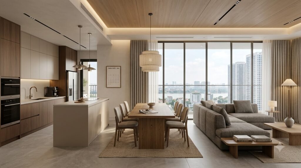 Concept nội thất căn hộ chung cư Kosmo Tây Hồ với bố cục gọn, ánh sáng nhiều lớp và lưu trữ có chủ đích