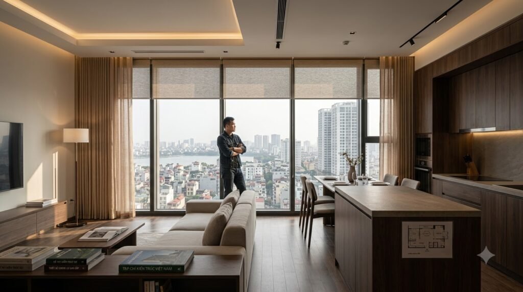 Concept nội thất căn hộ chung cư D’. Le Roi Soleil với bố cục gọn, ánh sáng nhiều lớp và lưu trữ có chủ đích