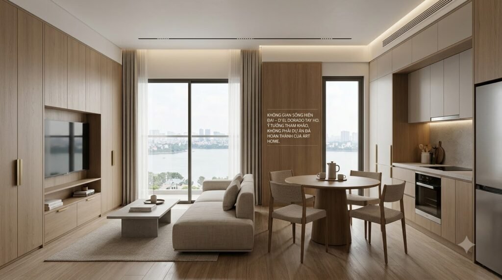 Concept nội thất căn hộ chung cư D’. El Dorado Tây Hồ với bố cục gọn, ánh sáng nhiều lớp và lưu trữ có chủ đích
