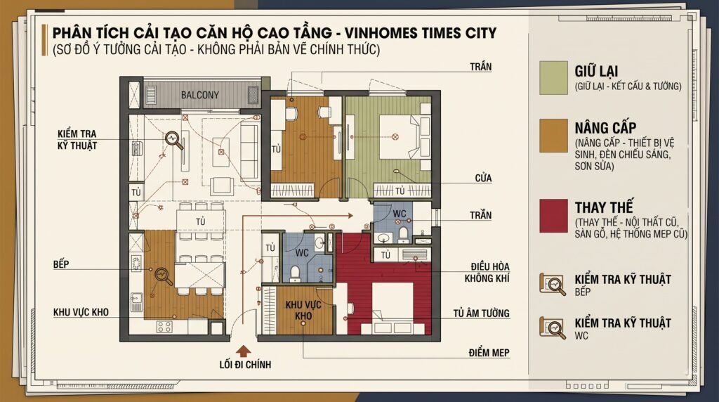 Sơ đồ concept căn hộ Vinhomes Times City với luồng đi, lưu trữ, ánh sáng và các vùng cần kiểm soát