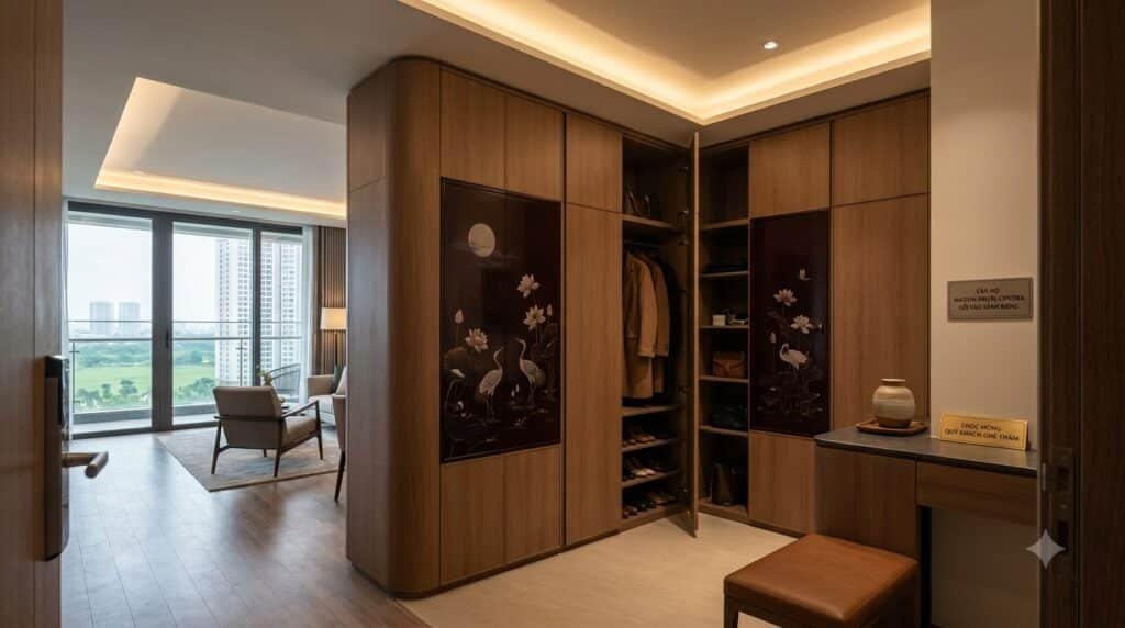 Hệ tủ sơn mài tích hợp giày áo và console tại sảnh căn hộ chung cư Maison Privée Ciputra