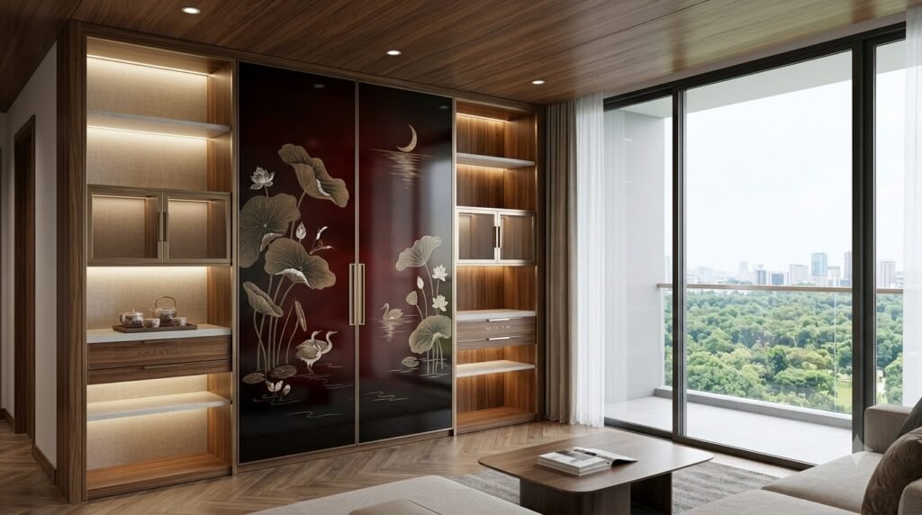 Hệ tủ trà sơn mài veneer trong căn hộ chung cư Le Parc Place ParkCity với ánh sáng ấm và công viên ngoài cửa kính
