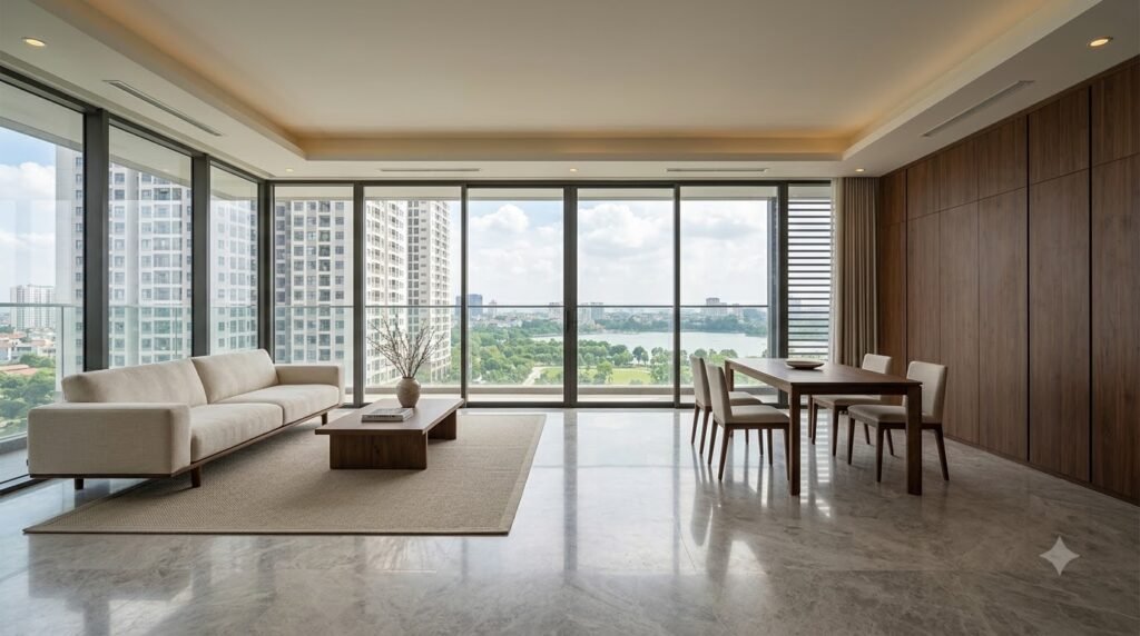 Phòng khách căn hộ Ngoại Giao Đoàn diện tích lớn giữ khoảng lưu thông rộng quanh sofa và bàn ăn