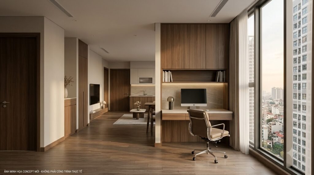 Căn hộ Hà Nội Center Point minh họa giải pháp lưu trữ, làm việc tại nhà và ánh sáng đương đại