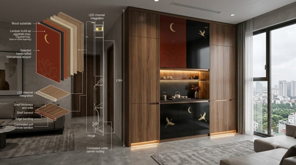 Hệ tủ sơn mài tích hợp kỹ thuật trong căn hộ chung cư Starlake The Prime K8 với panel, hộc trà và ánh sáng hắt