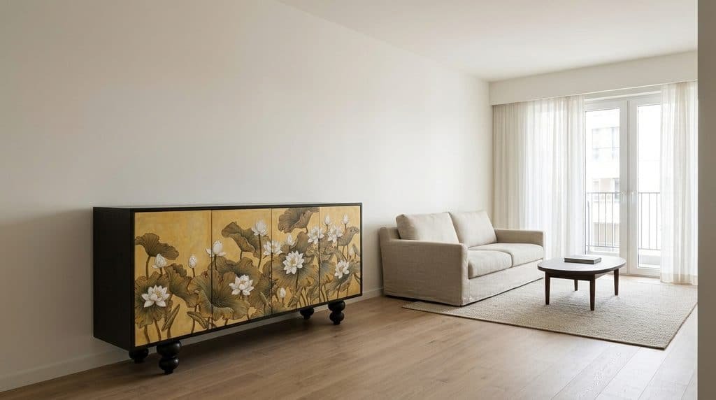 Tủ sơn mài sắc vàng họa tiết sen đặt trong phòng khách, cạnh khu vực ngồi và lối đi.