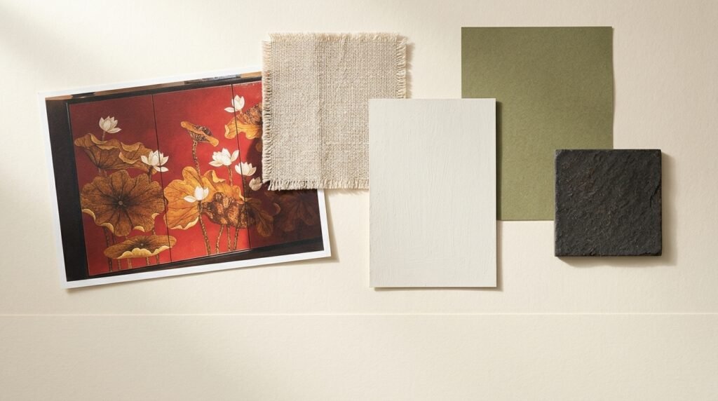 Moodboard đặt ảnh tủ sơn mài đỏ cạnh mẫu màu và bề mặt gợi ý cho căn phòng.