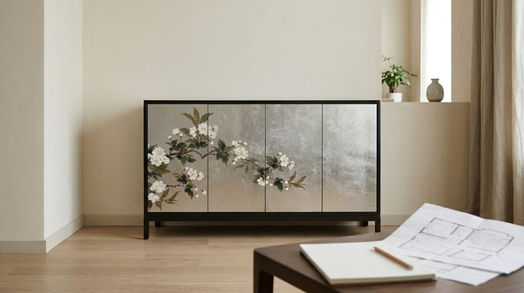Tủ sơn mài trong phối cảnh căn hộ, cạnh sổ ghi chép những thông tin cần hỏi trước khi mua.