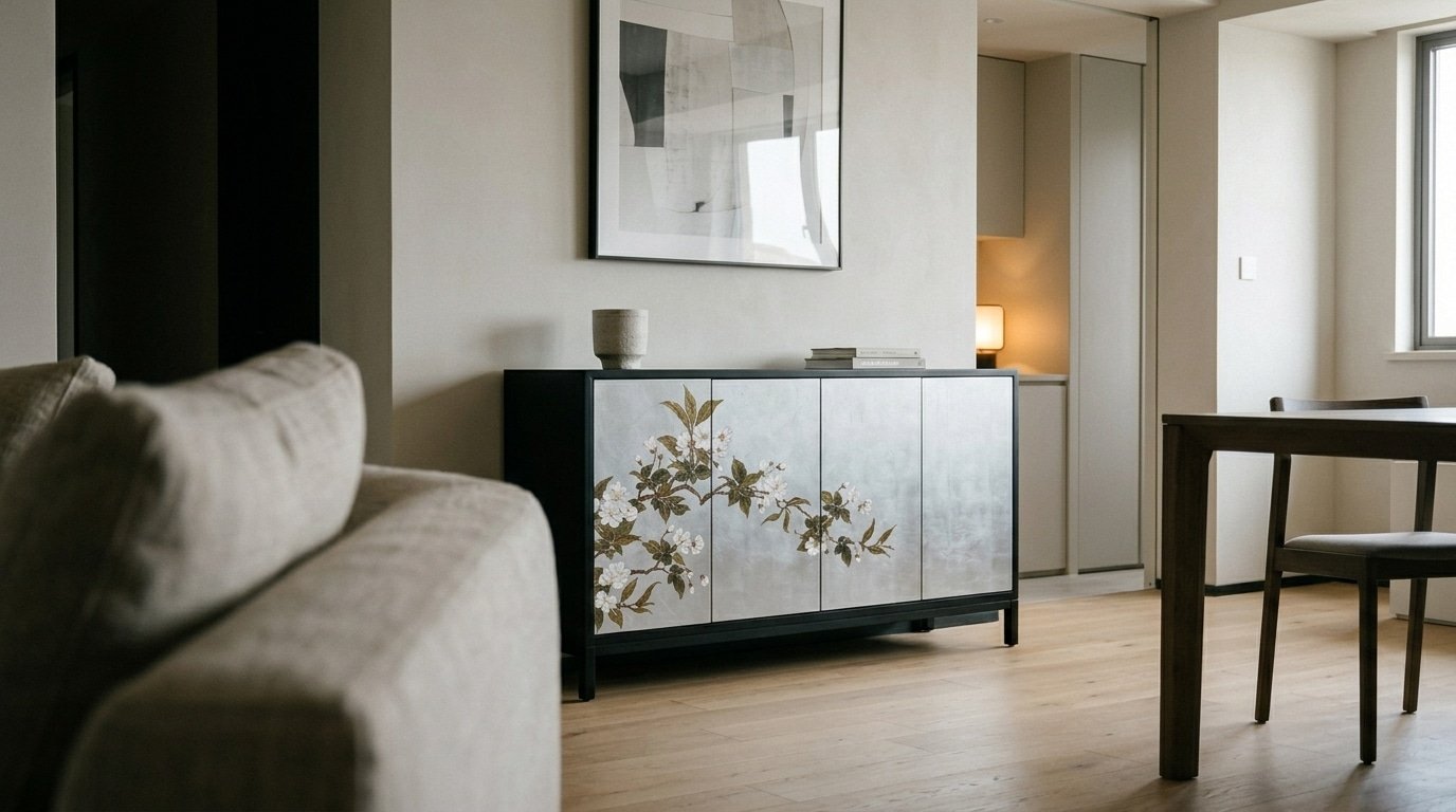 Góc nhìn từ sofa hướng về tủ họa tiết sen với khoảng sàn trống phía trước.